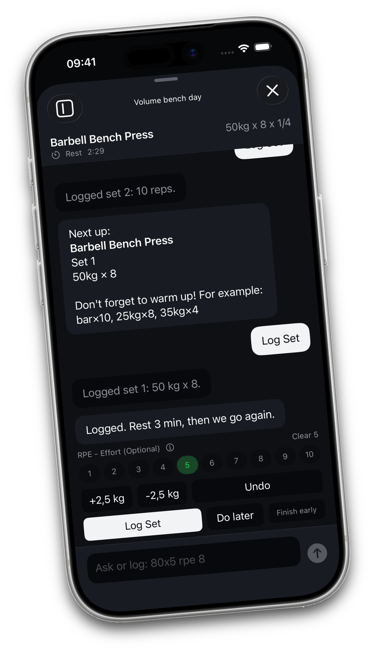 Two Plates AI coach guiding and logging a bench press workout