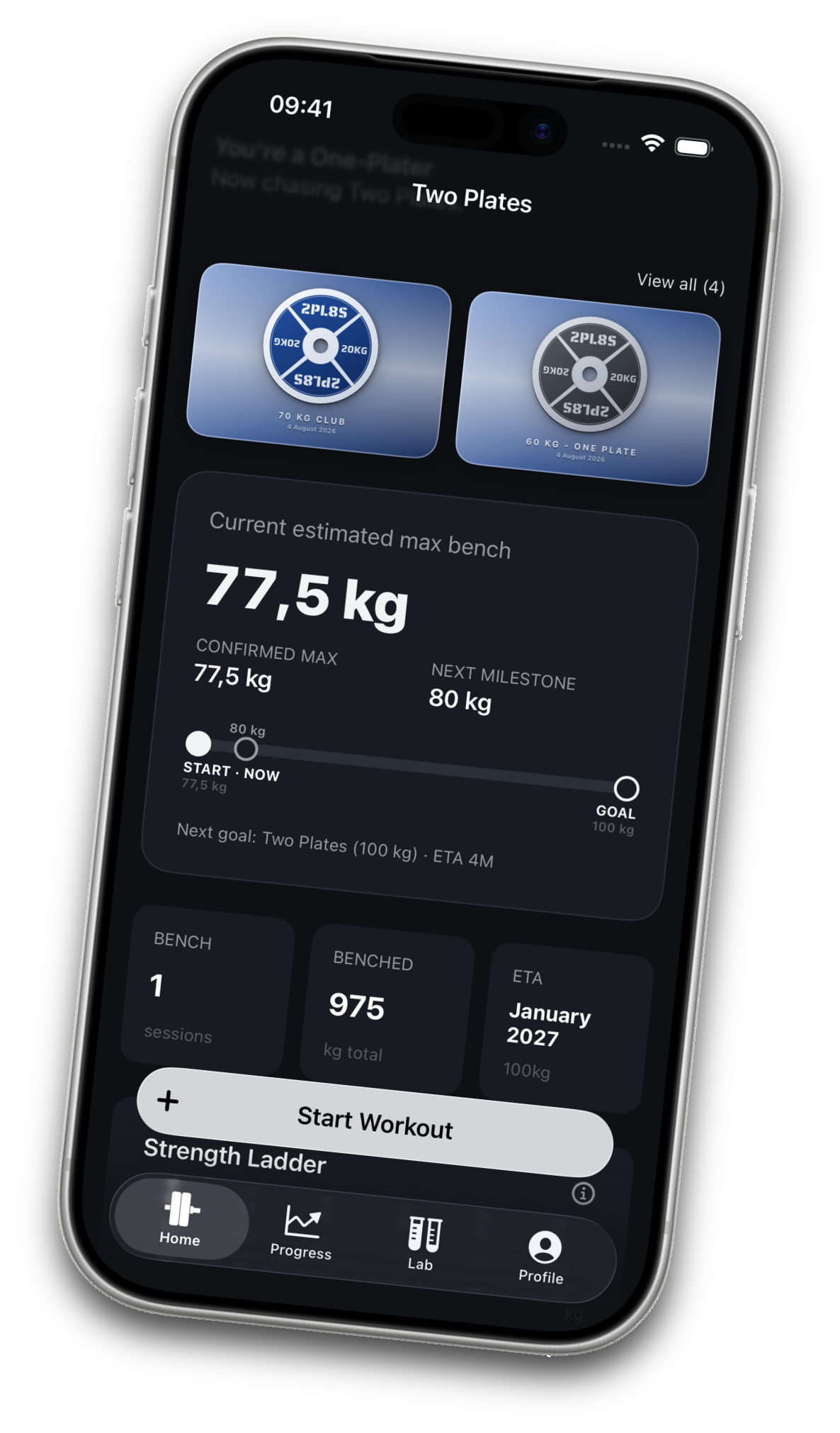 Two Plates home screen showing a 100 kg goal and January 2027 ETA